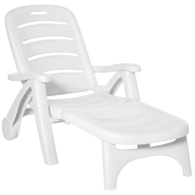 Outdoor Chaise Lounge, 5 Level Adjustable Backrest Lounge Chair with Wheels, Folding Tanning Chair for Pool, Beach, Patio, Garden, White