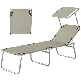 Outdoor Pool Chaise Lounge Chair, Folding Tanning Chair with Sun Shade, Cream White